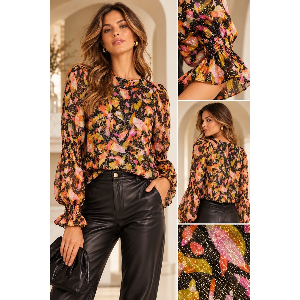 Marie Oliver Anthropologie Silk Blend Metallic Long Sleeve Blouse ($350) Small